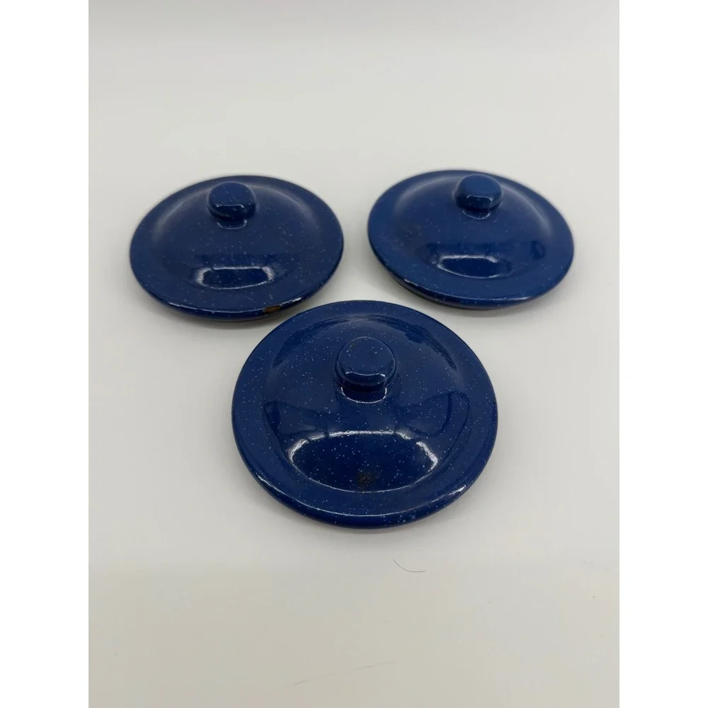 Vintage Speckled Enamelware Pot Lids Set 3.75in Enamel Cobalt Blue Splatterware